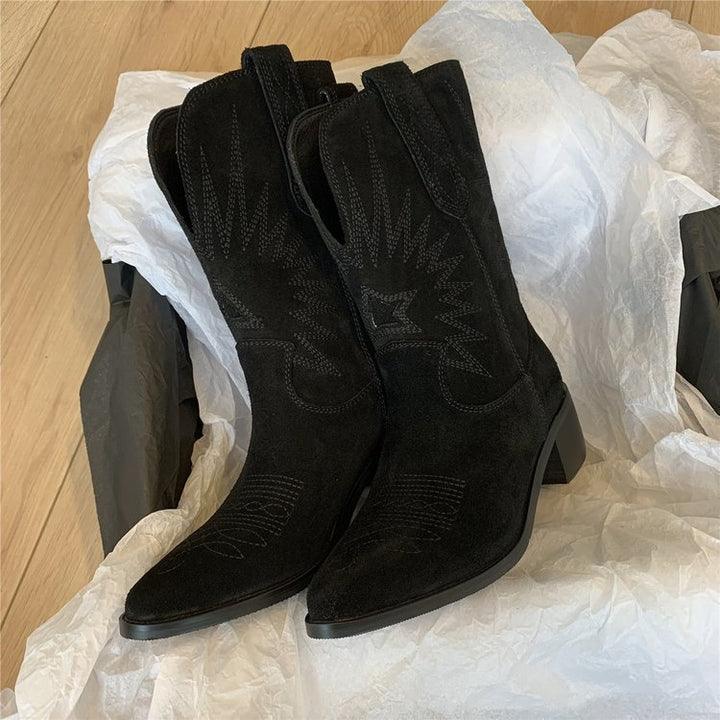 Damen nan Wildleder Westernstiefel mit spitzer Kappe und mittelhohem Blockabsatz Drune