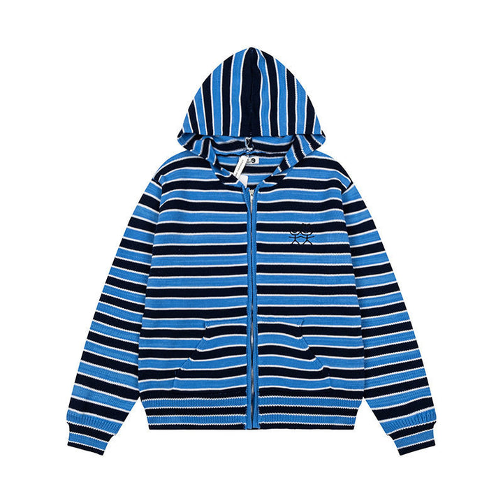 Damen Gestreifte Kapuzen-Strickjacke mit durchgehendem Reißverschluss und Eingrifftaschen Drune