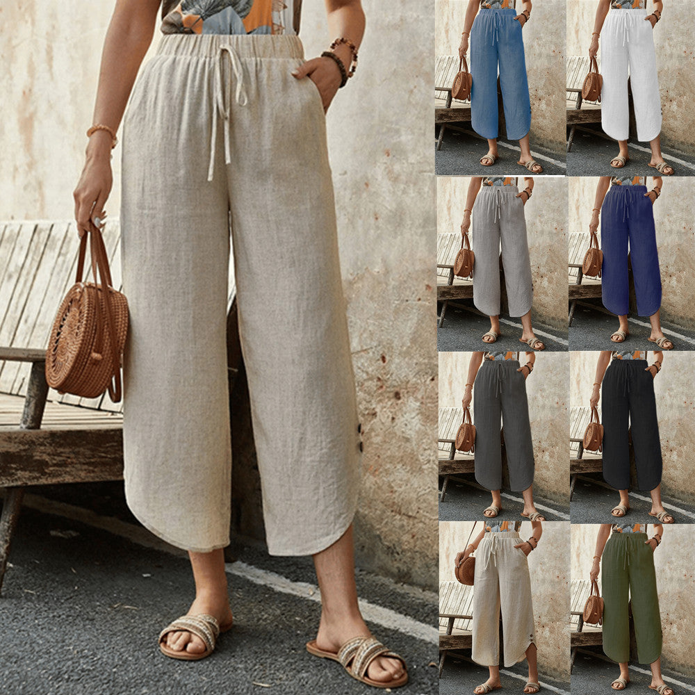 Damen luftige Leinenhose mit elastischem Bund und praktischen Taschen Drune
