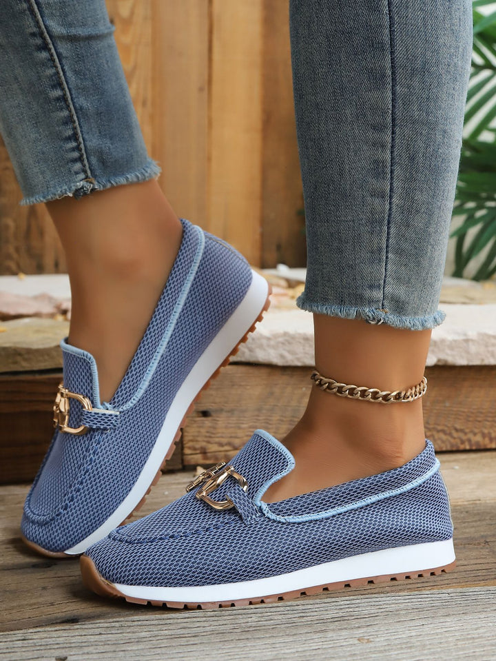 Damen Atmungsaktive Mesh-Slipper-Loafer mit goldfarbener Schnallendekor und leichter Gummisohle Drune