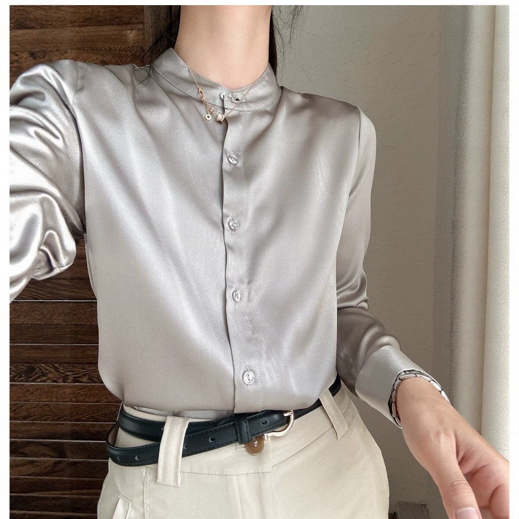 Damen Elegante satinierte Bluse mit knöpfbarem Ausschnitt Drune