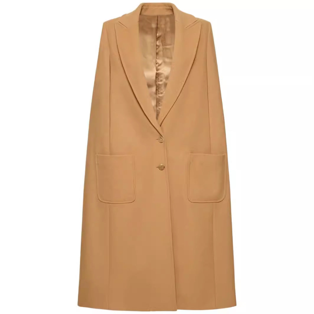 Damen Cape-inspirierter Maxilanger Mantel aus Wollmix mit schmalem Revers Drune
