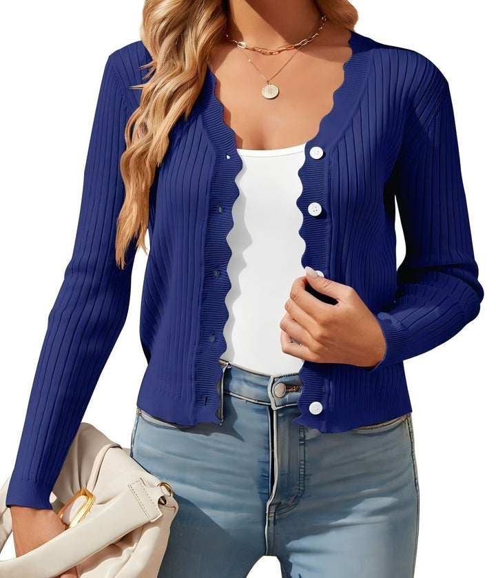 Damen Feiner Rippstrick Cropped-Cardigan mit Wellensaum und dekorativer Knopfleiste Drune