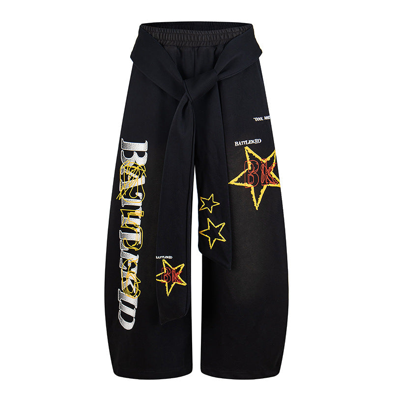 Damen Weite Palazzo-Culottehose mit integriertem Bindegürtel und Stern-Grafik Drune