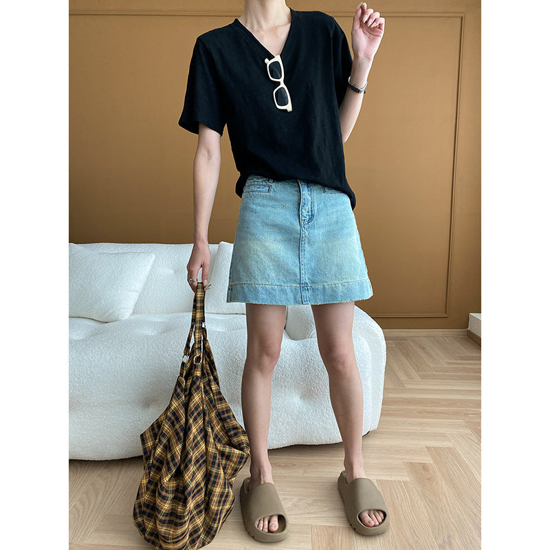 Damen lässiges V-Ausschnitt T-Shirt aus weichem Material Drune