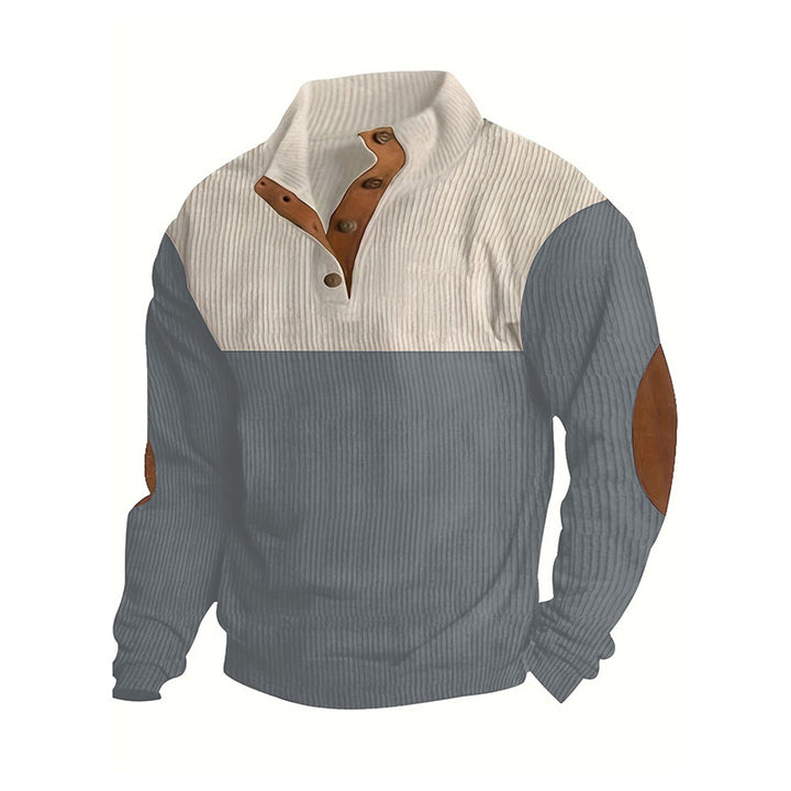 Herren Strukturierter Halbknopf-Pullover mit Stehkragen, Rippenstruktur und Ellenbogen-Patches Drune