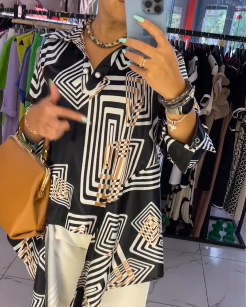 Damen nan weite Seidenoptik-Hemdbluse mit grafischem Quadratprint, asymmetrischem Zipfelsaum und Perlmuttknopfleiste Drune