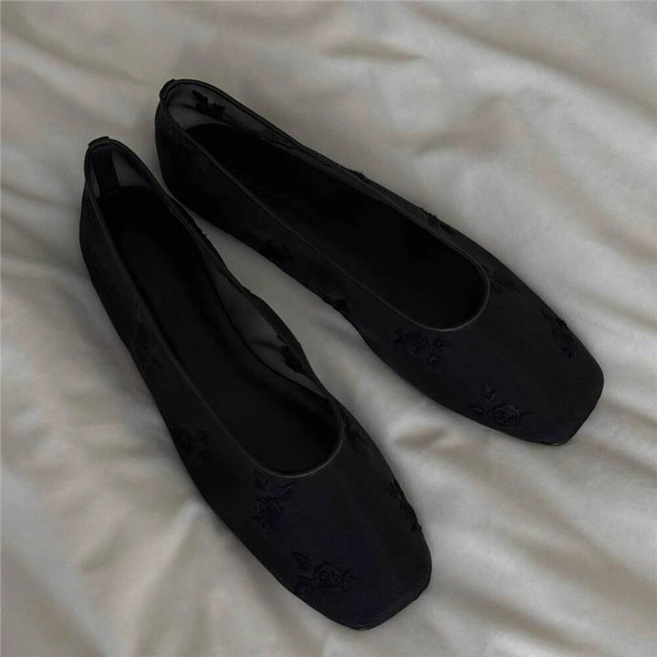 Damen Florale bestickte Ballerina-Slipper mit quadratischer Zehenbox und Mesh-Oberschuh Drune