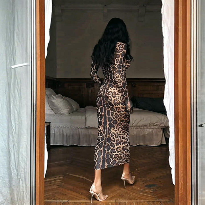Damen Elegantes transparentes Maxikleid mit Leopardenmotiv und langem Arm Drune