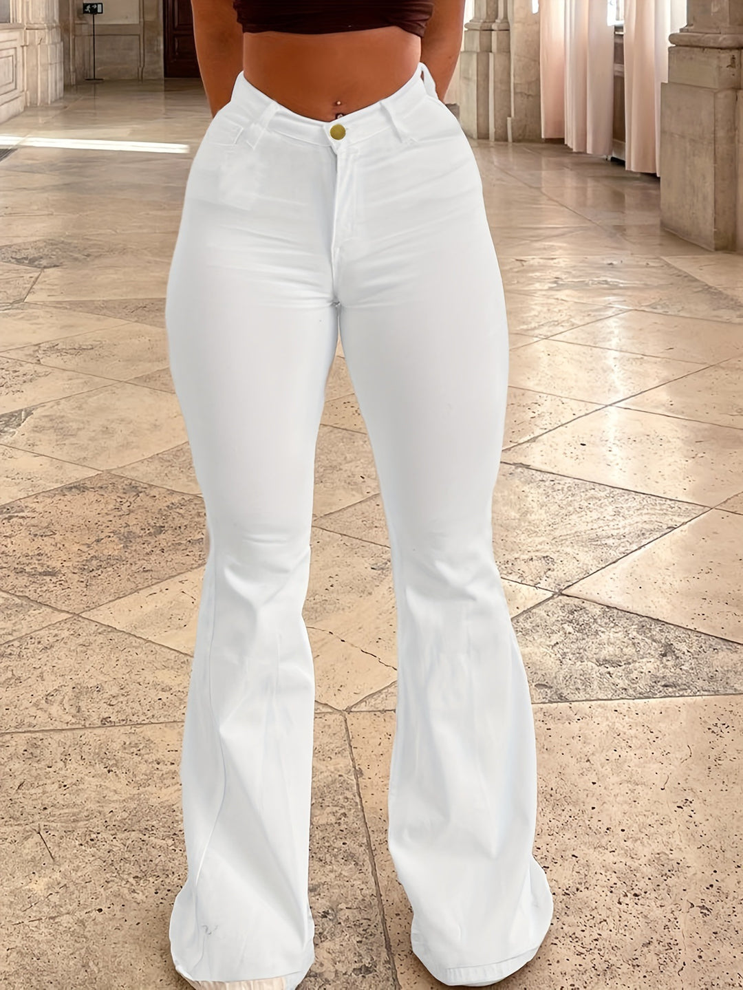 Damen High-Waist Schlaghose aus Stretch-Denim mit figurbetonter Hüftpassform Drune