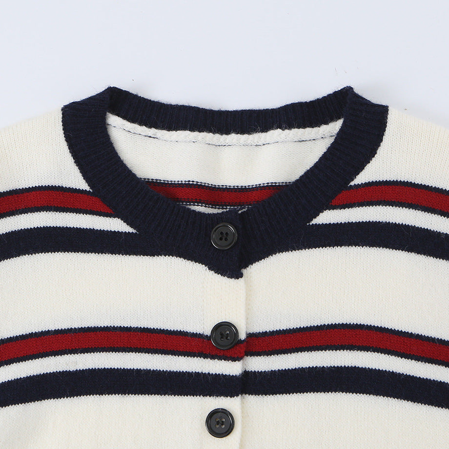 Damen nan gestreifte Strickjacke mit Knopfleiste, V-Ausschnitt und tailliertem Bund Drune