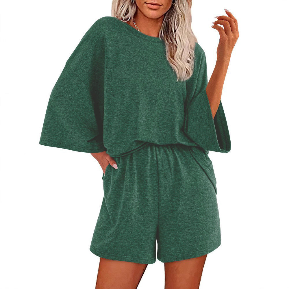 Damen Oversized Fledermaus Kurzarm Lounge Oberteil und Shorts Set mit Elastischem Bund Drune