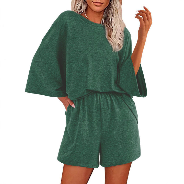 Damen Oversized Fledermaus Kurzarm Lounge Oberteil und Shorts Set mit Elastischem Bund Drune