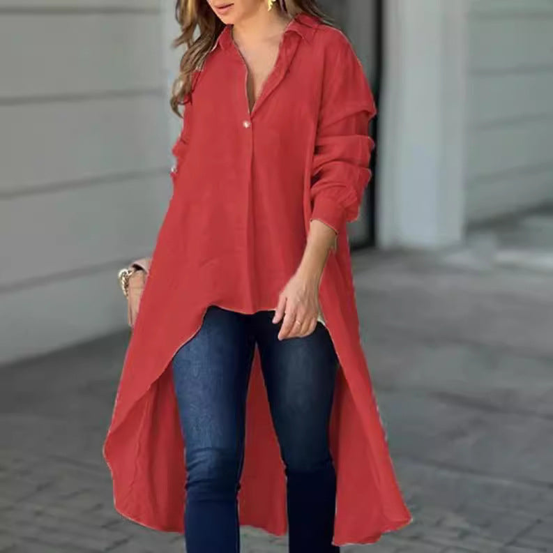 Damen Leichte Leinen‑Tunika‑Bluse mit asymmetrischem High‑Low‑Schwanz und Hemdkragen Drune