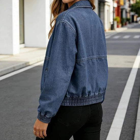 Damen Leichte Cropped-Jeansjacke mit Gummibündchen und Reißverschluss Drune