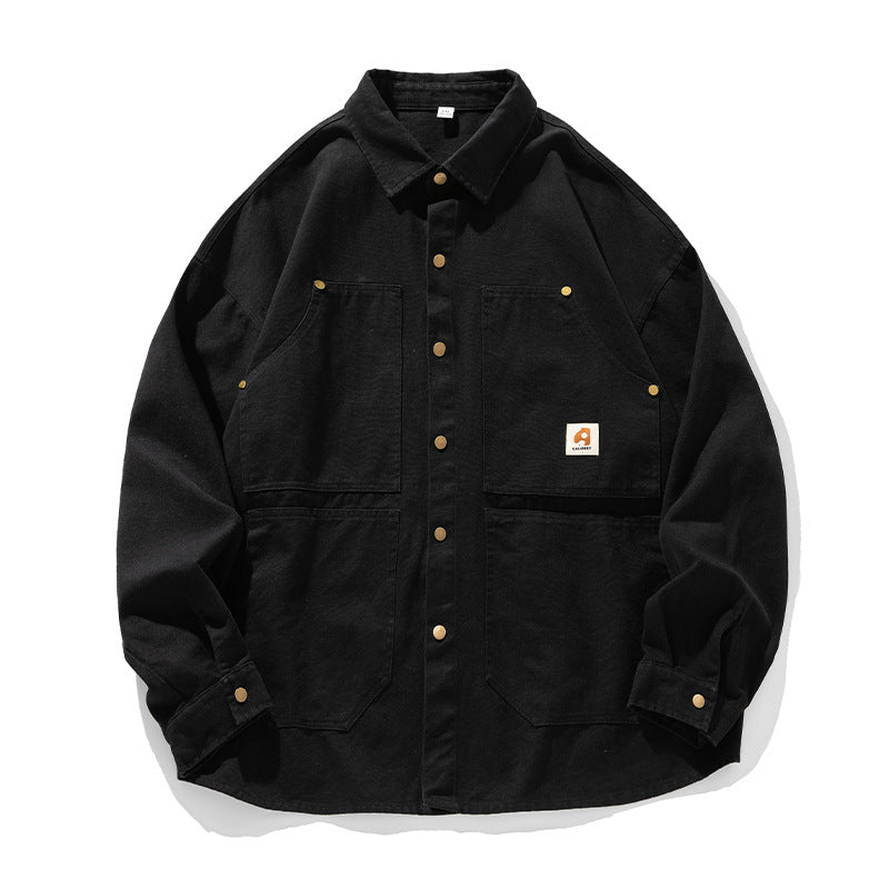 Unisex Kastenförmige Canvas-Chorejacke mit Messing-Druckknöpfen und vier aufgesetzten Taschen Drune