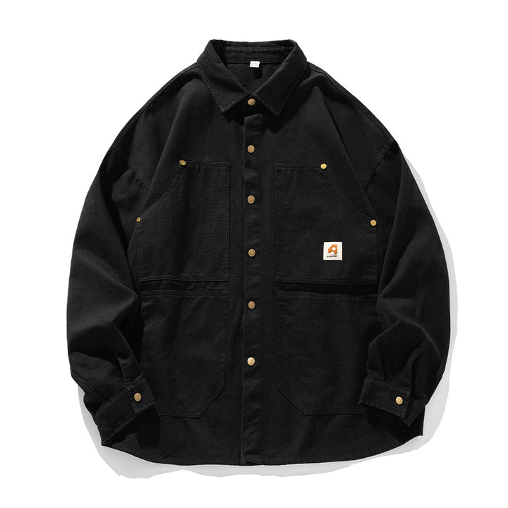 Unisex Kastenförmige Canvas-Chorejacke mit Messing-Druckknöpfen und vier aufgesetzten Taschen Drune