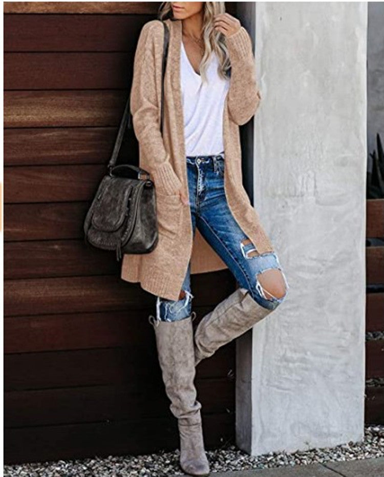 Damen Langer Strickcardigan mit offener Vorderseite und kuscheliger Textur Drune
