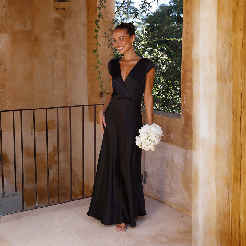 Damen Elegantes Langkleid mit V-Ausschnitt und fließendem Schnitt Drune