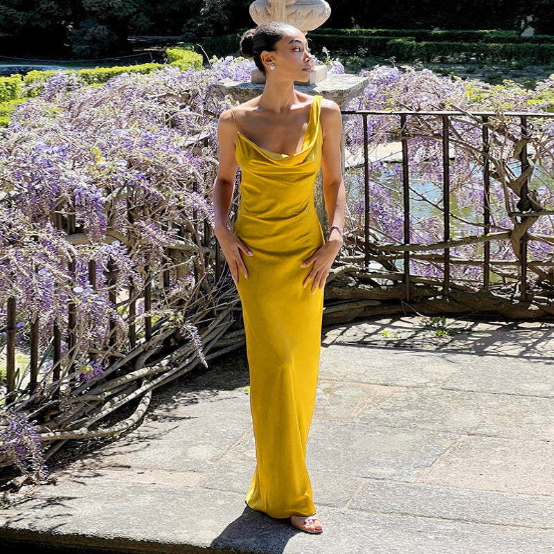 Damen Maxikleid mit schickem Wasserfallausschnitt und fließendem Satin-Stoff Drune
