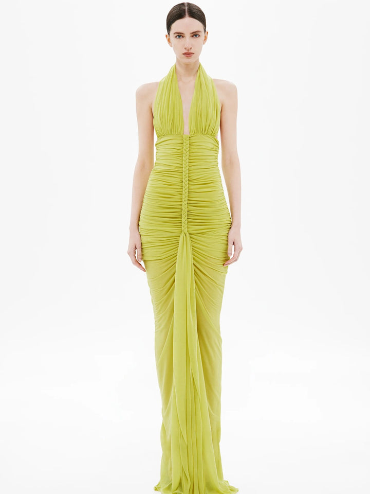 Damen Exquisites gerafftes Maxikleid mit tiefem V-Ausschnitt und eleganten Drapierungen Drune