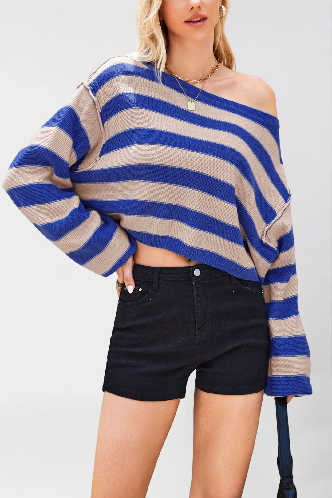 Damen lässiger gestreifter Pullover im cropped Schnitt Drune