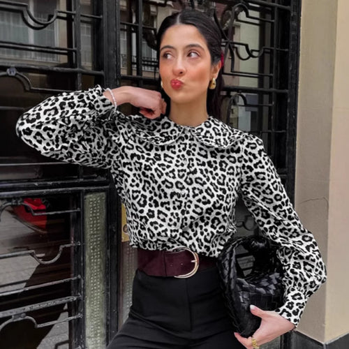 Damen Modische Bluse mit Leopardenmuster und voluminösen Ärmeln Drune