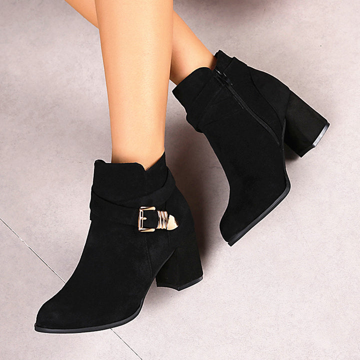 Damen Elegante Ankle-Boots mit hohem Absatz, seitlichem Reißverschluss und dekorativem Schnallengurt Drune