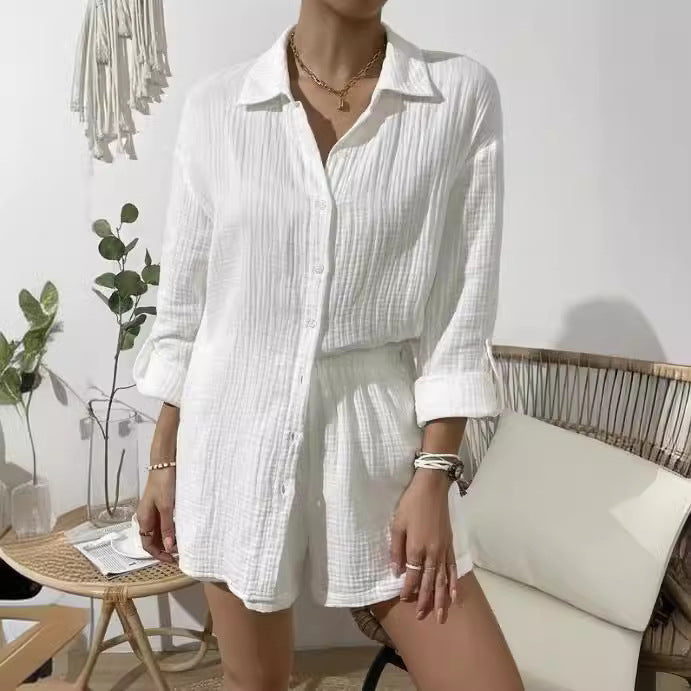 Damen nan luftig-leichter Zweiteiler Lounge-Set aus Baumwoll-Gauze mit Hemdbluse und elastischer Taillen-Shorts Drune