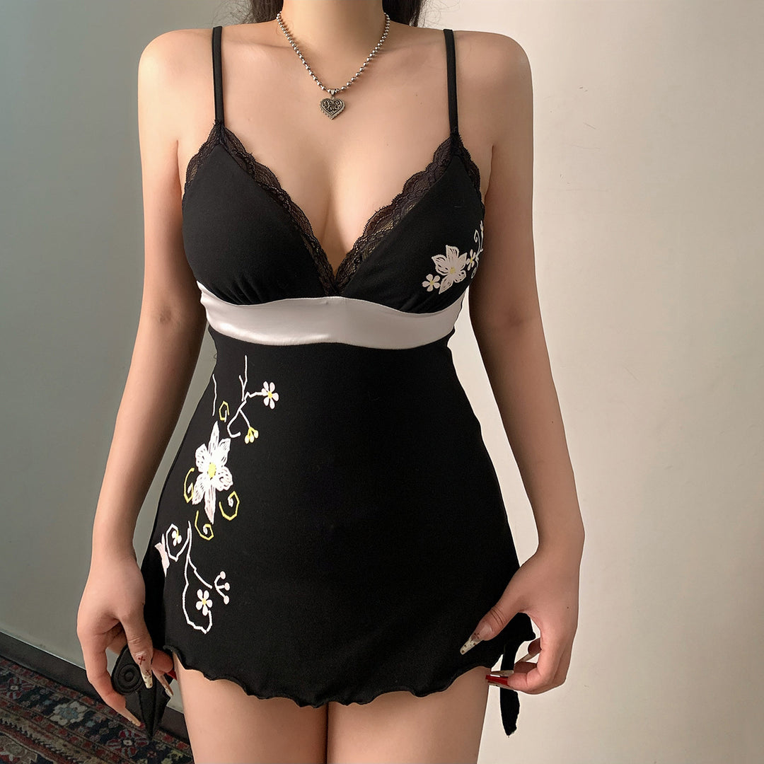 Damen Bademode mit floralem Stickmuster und Spaghetti-Trägern Drune
