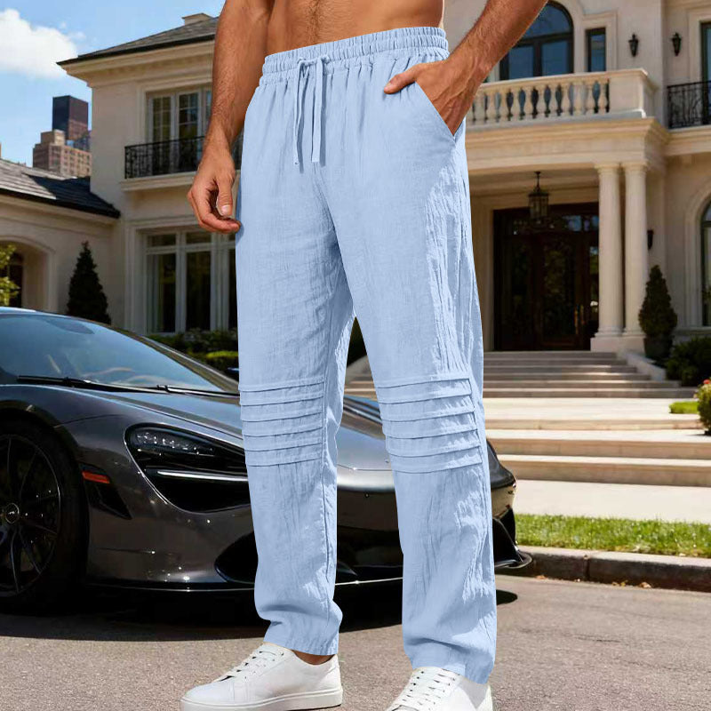 Herren Leinenoptik-Loungehose mit Tunnelzug elastischem Bund und abgesteppten Kniepanelen Drune