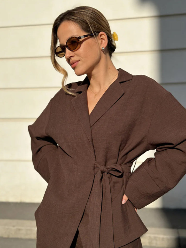 Damen Wickel-Blazer mit Bindegürtel, lässigem Oversize‑Schnitt und Reverskragen Drune