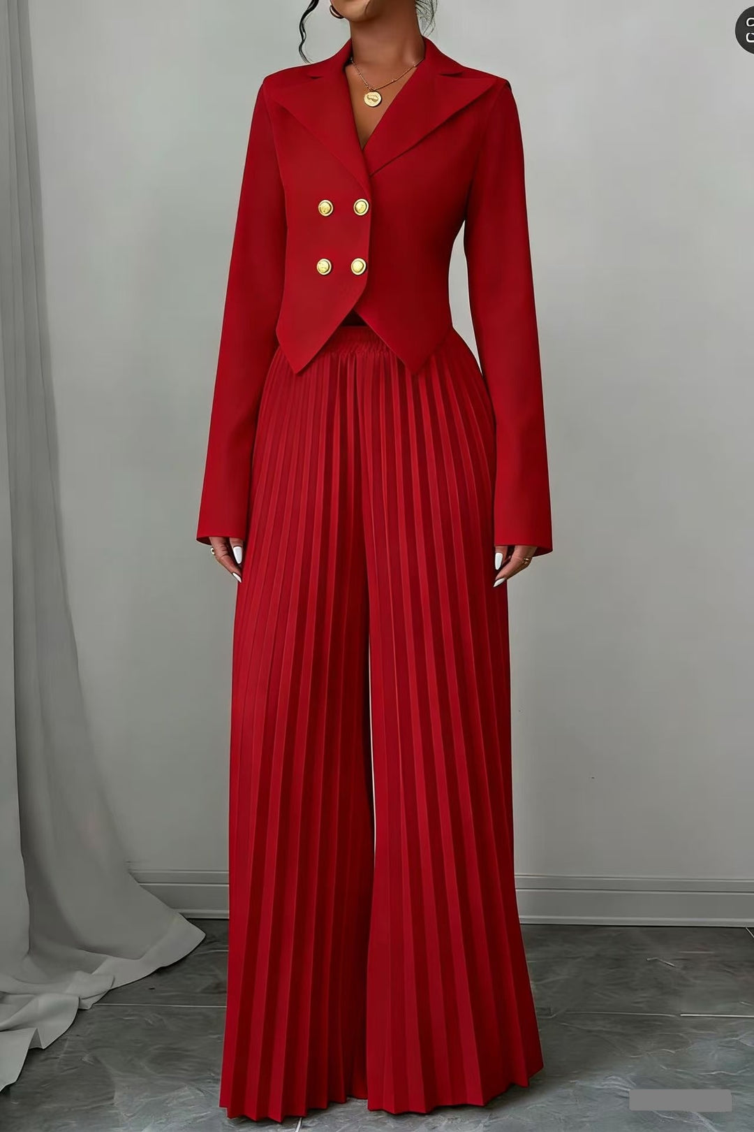 Damen Taillierter Doppelreihiger Blazer und plissierte Palazzo-Hose Drune