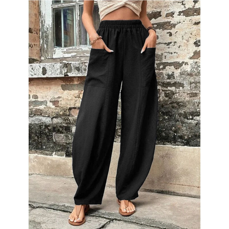 Damen Weite Leinenhose mit elastischem Bund, aufgesetzten Taschen und lässigem Harem-Schnitt Drune