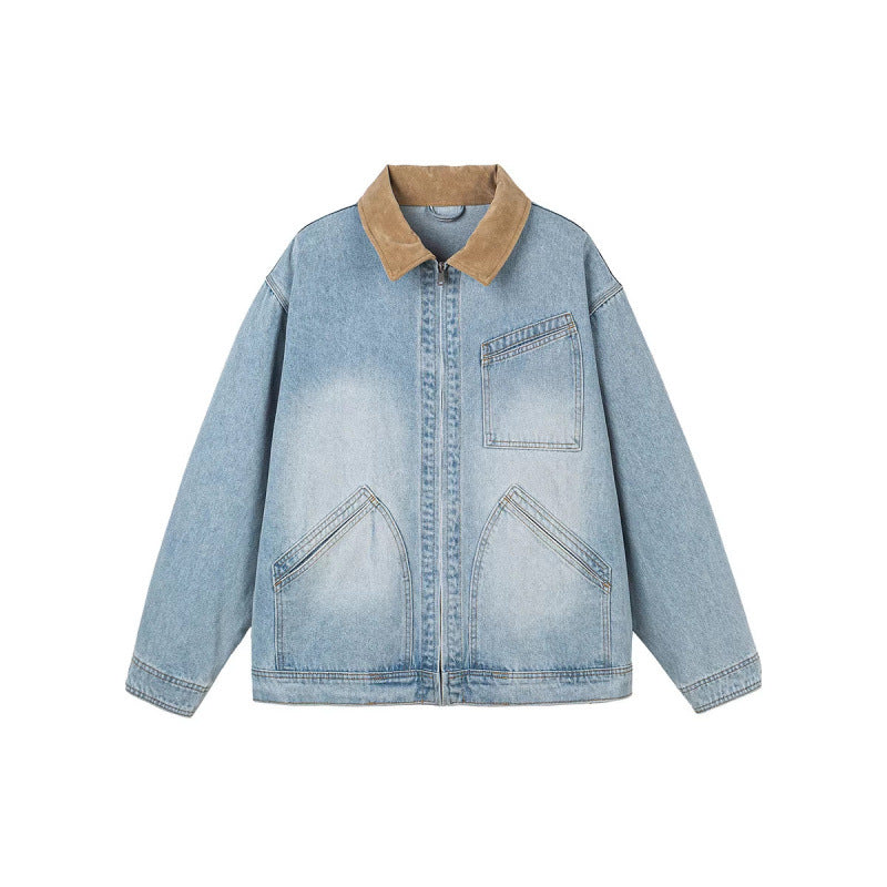 Herren Boxy-Denimjacke im Worker-Stil mit Cordkragen und Frontreißverschluss Drune