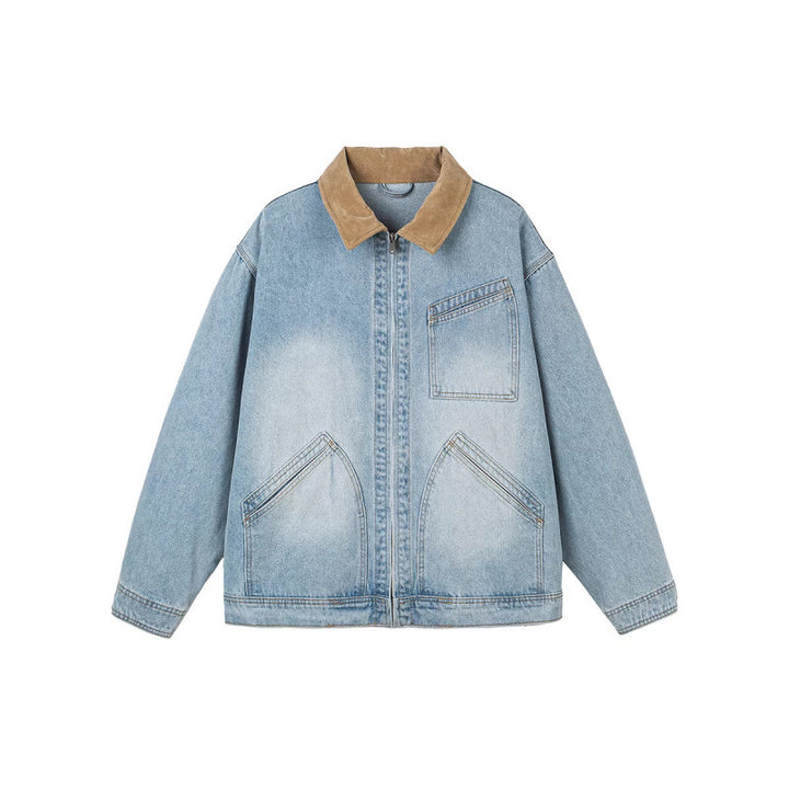 Herren Boxy-Denimjacke im Worker-Stil mit Cordkragen und Frontreißverschluss Drune