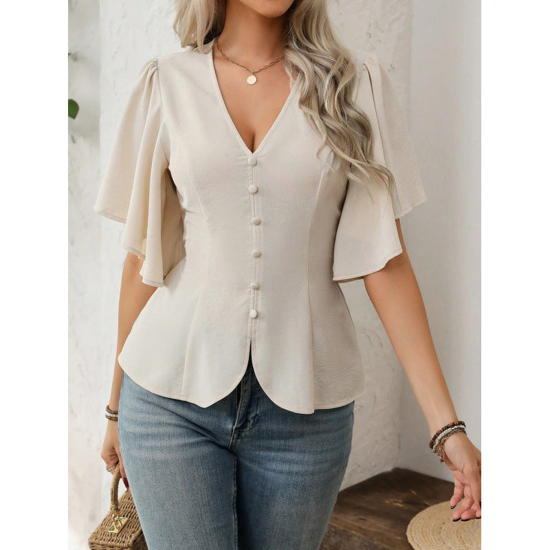 Damen Bluse mit fließenden Ärmeln und V-Ausschnitt Drune