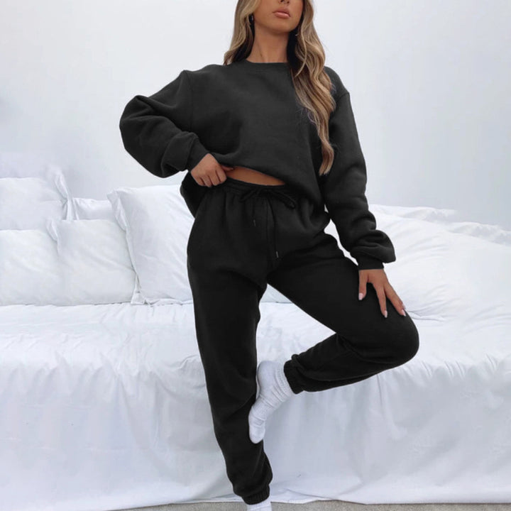 Damen kuscheliges Relax-Sweatshirt- und Jogger-Set aus angerautem Baumwollmix mit Raglanärmeln Drune