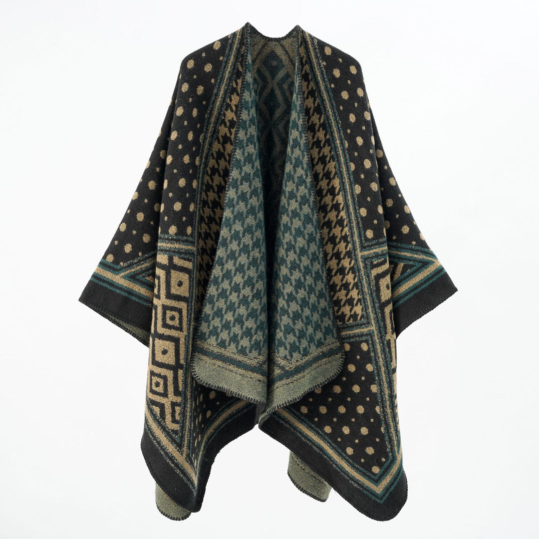 Damen Gewebter Jacquard‑Capeponcho mit Hahnentritt‑ und Ornamentmix Drune