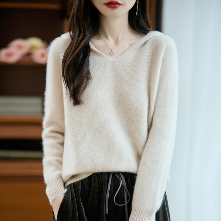 Damen Weicher Mohair‑Optik Kapuzenpullover mit V‑Ausschnitt und geripptem Saum Drune