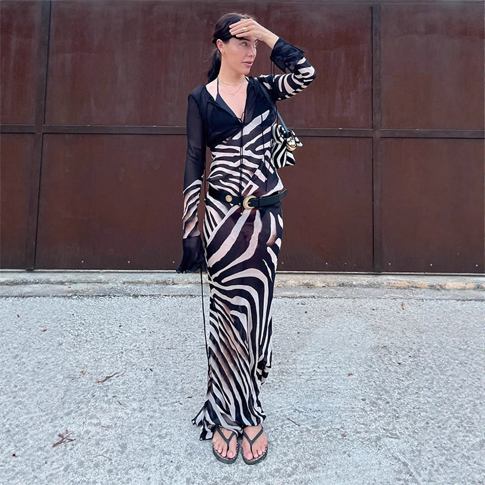 Damen figurbetontes Mesh‑Maxikleid mit tiefem V‑Ausschnitt & grafischem Zebra‑Print Drune