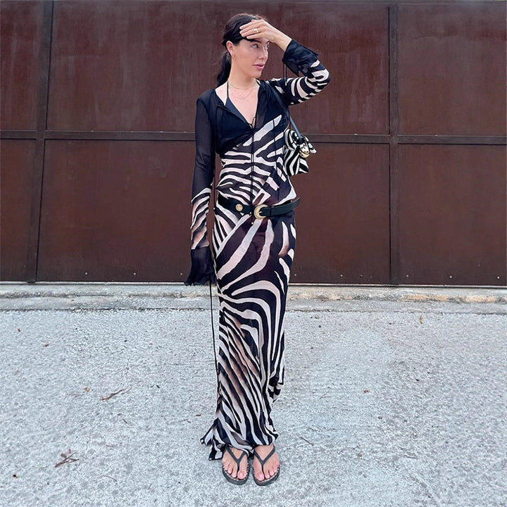 Damen figurbetontes Mesh‑Maxikleid mit tiefem V‑Ausschnitt & grafischem Zebra‑Print Drune