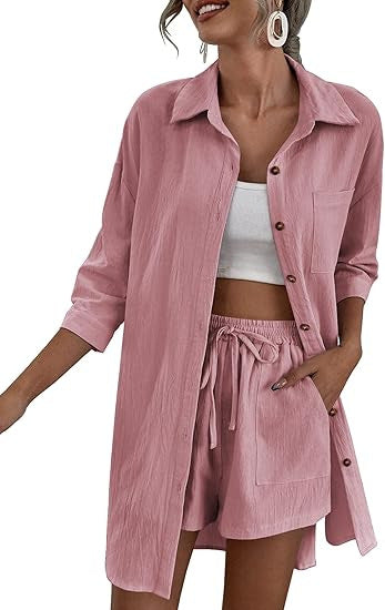 Damen Leichtes Longline-Hemdjacken-Set mit elastischer High-Waist-Shorts Drune