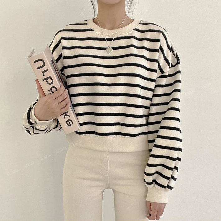 Damen lässiger Sweatshirt mit modernem Streifenmuster und Rundhalsausschnitt Drune