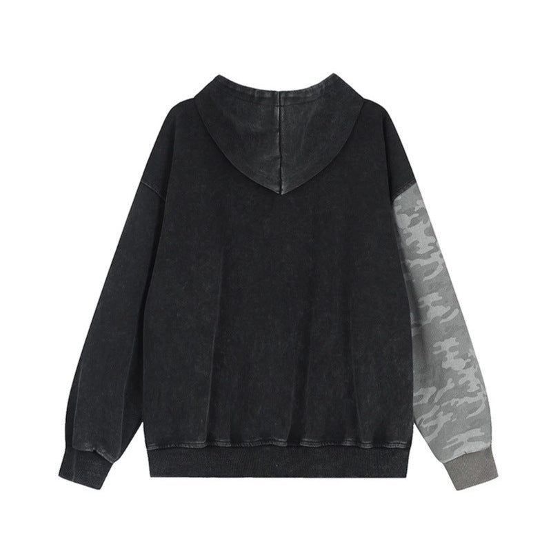 Unisex Oversize-Kapuzen-Zipjacke mit Camouflage-Ärmel, Washed‑Effekt und erhabener Frontstickerei Drune