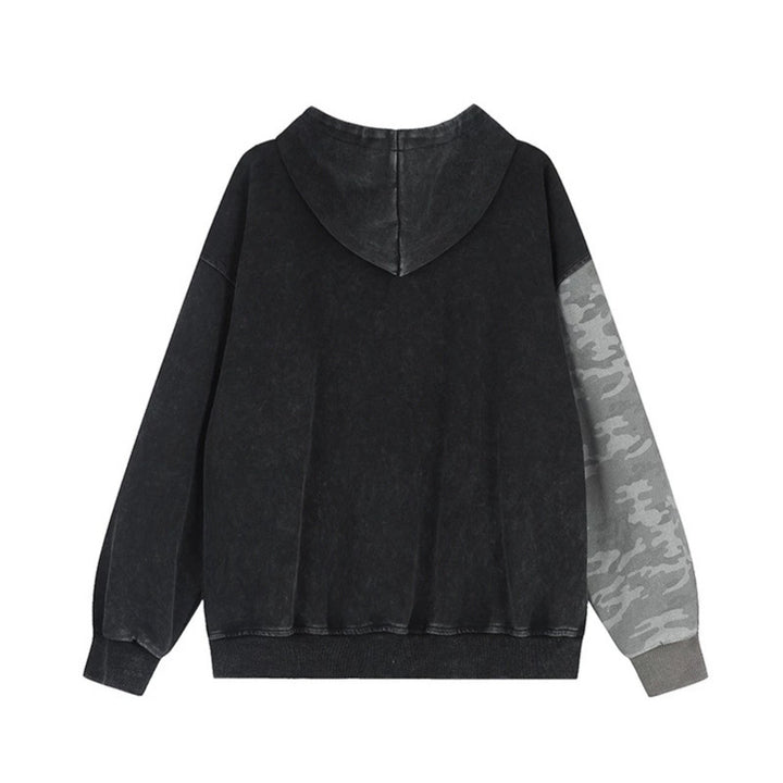 Unisex Oversize-Kapuzen-Zipjacke mit Camouflage-Ärmel, Washed‑Effekt und erhabener Frontstickerei Drune