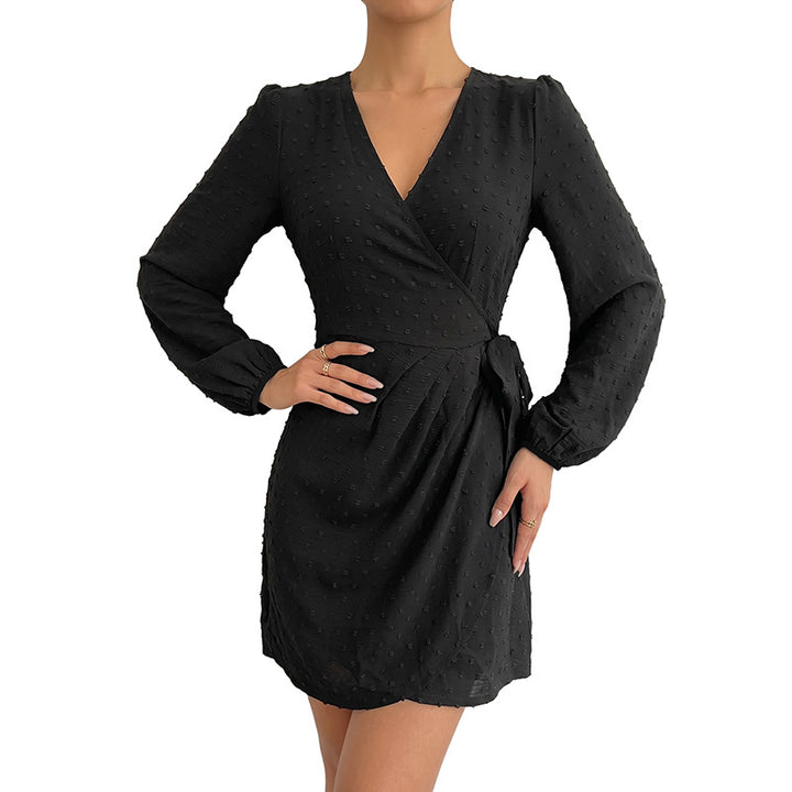 Damen Wickel-Minikleid mit V-Ausschnitt, Punkteffekt, geraffter Taillenpartie und langen Ärmeln Drune