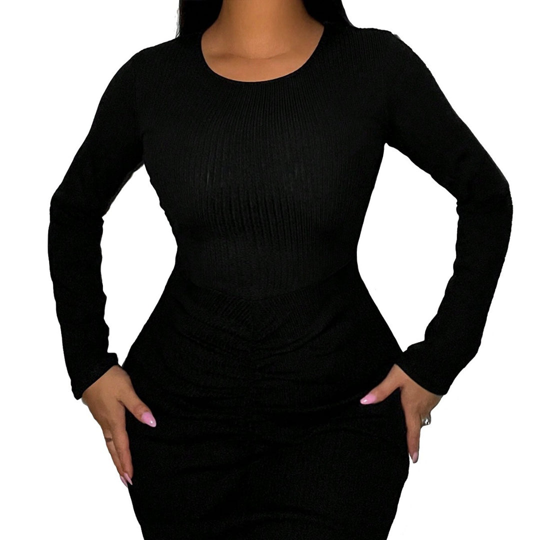 Damen figurbetontes Rippstrick-Minikleid mit Rundhalsausschnitt und langen Ärmeln Drune