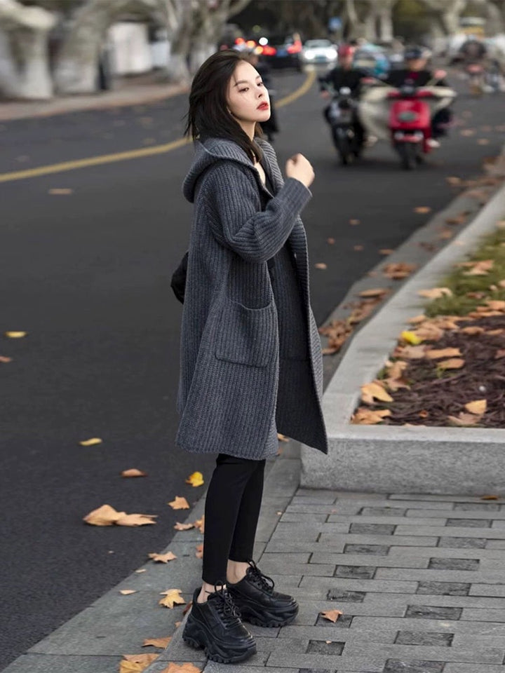 Damen Langer Kapuzen-Cardigan aus grobem Rippstrick mit Eingrifftaschen Drune
