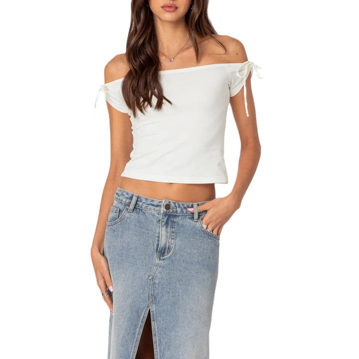 Damen raffiniertes Off-Shoulder T-Shirt mit eleganten Bindebändern Drune